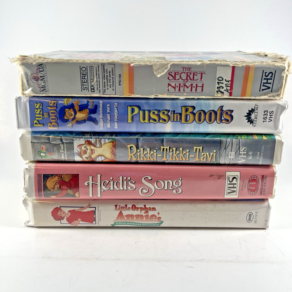 Animated Kids VHS Tape Lot 5 Movies Secret of NIMH Puss Boots Heidi Annie Vtge